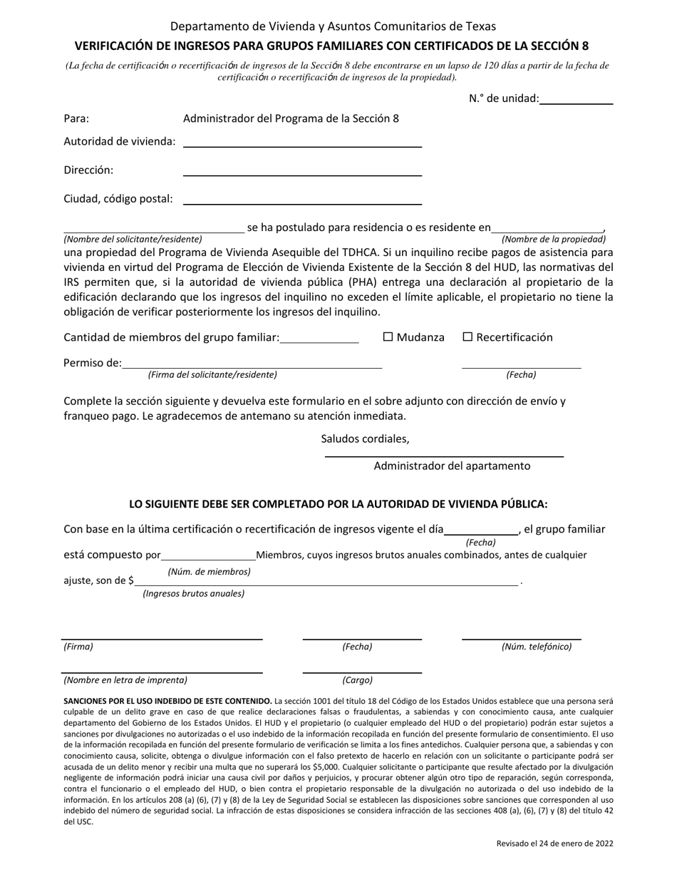 Verificacion De Ingresos Para Grupos Familiares Con Certificados De La Seccion 8 - Texas (Spanish), Page 1