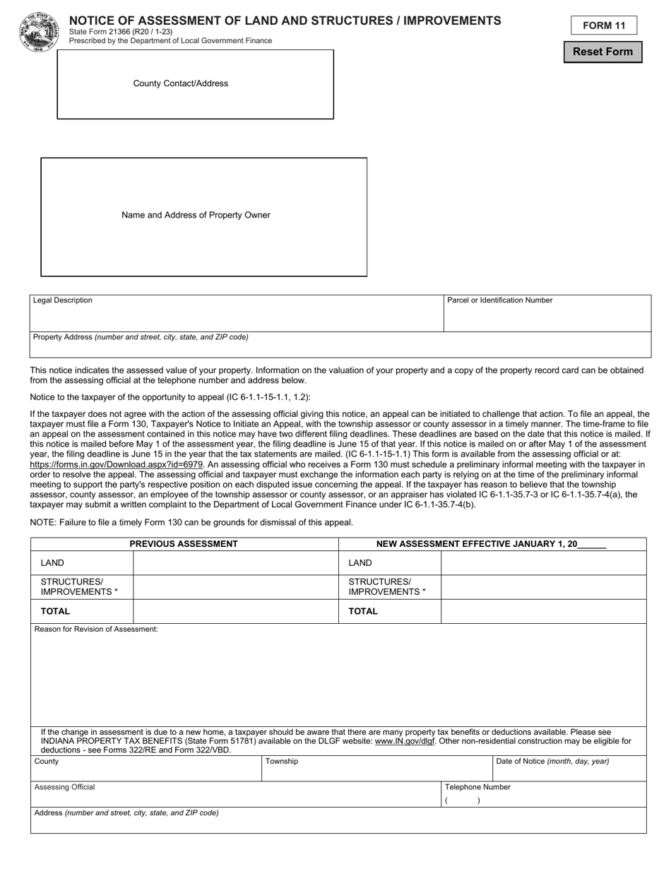 State Form 21366 (11) Notice of Assessment of Land and Structures / Improvements - Indiana, Page 1