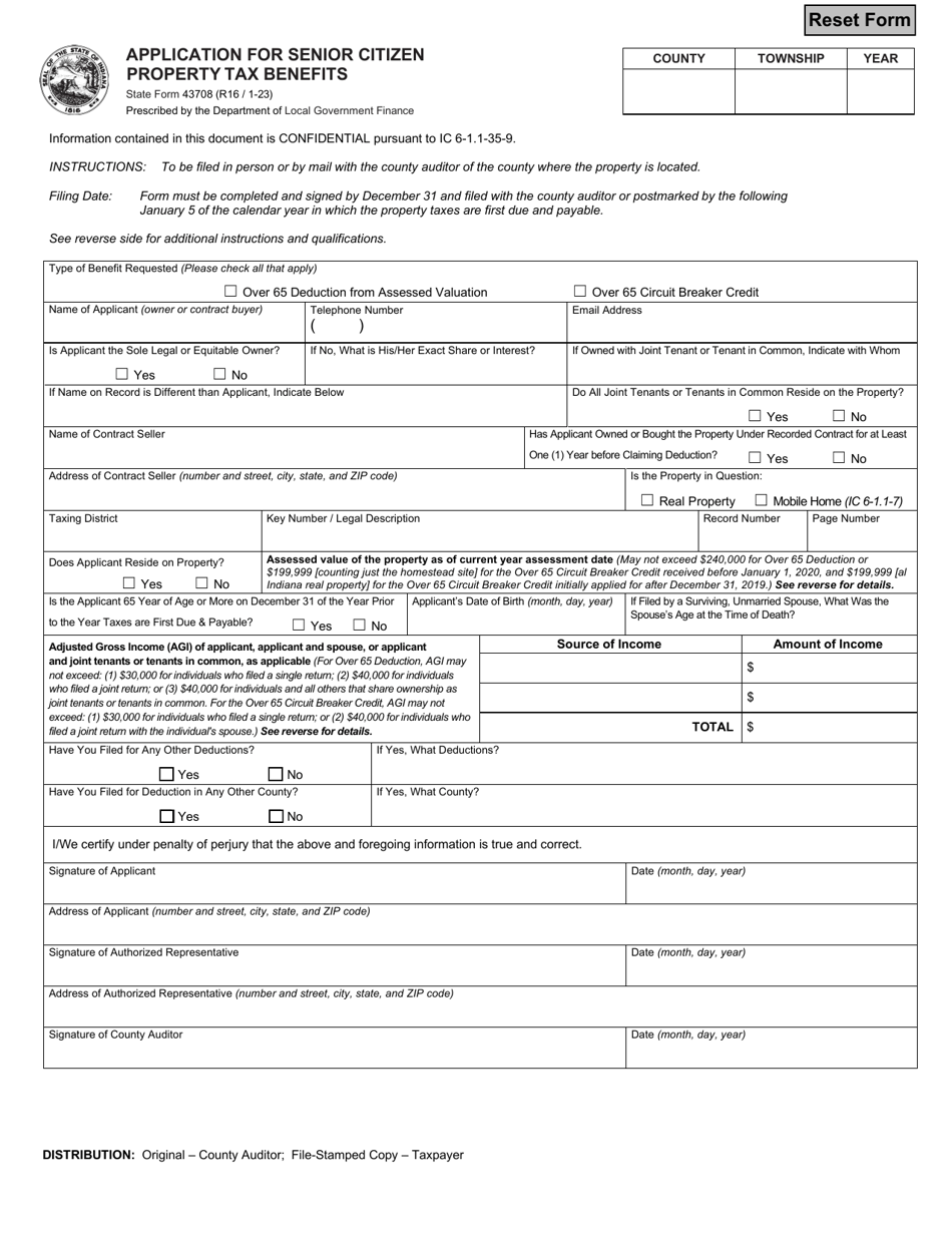 State Form 43708 Download Fillable PDF or Fill Online Application for