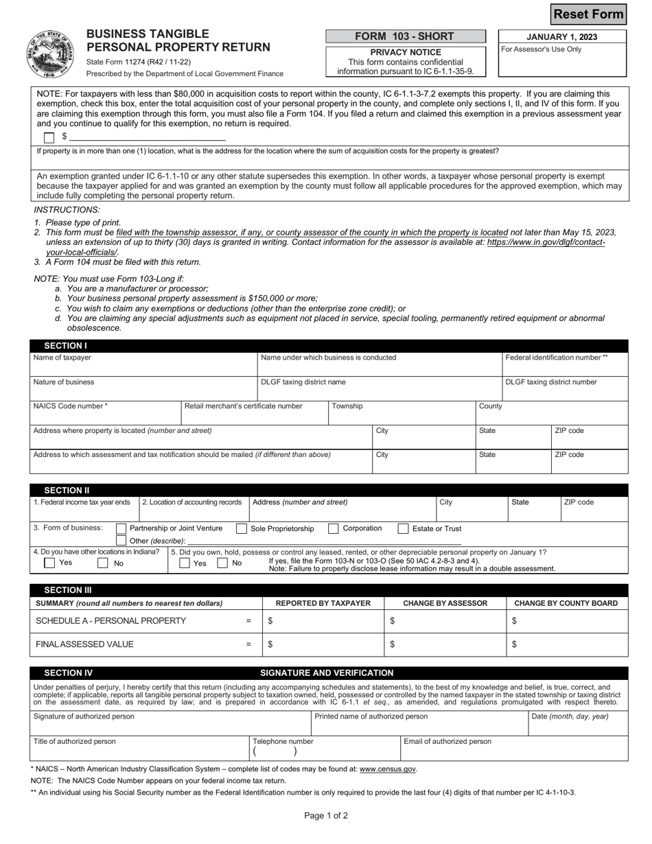 State Form 11274 (State Form 103-SHORT) Business Tangible Personal Property Return - Indiana, Page 1