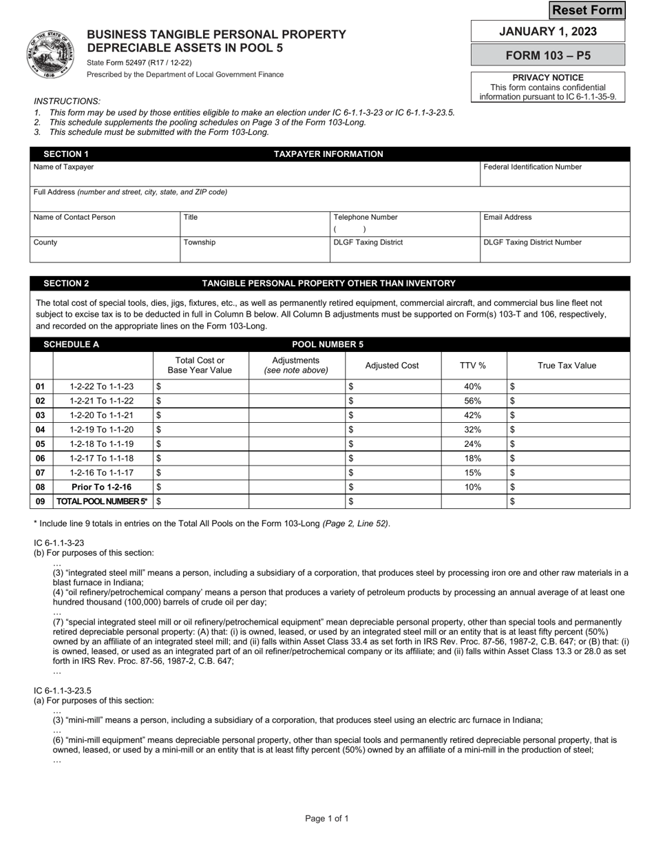 State Form 52497 (103-P5) Business Tangible Personal Property Depreciable Assets in Pool 5 - Indiana, Page 1