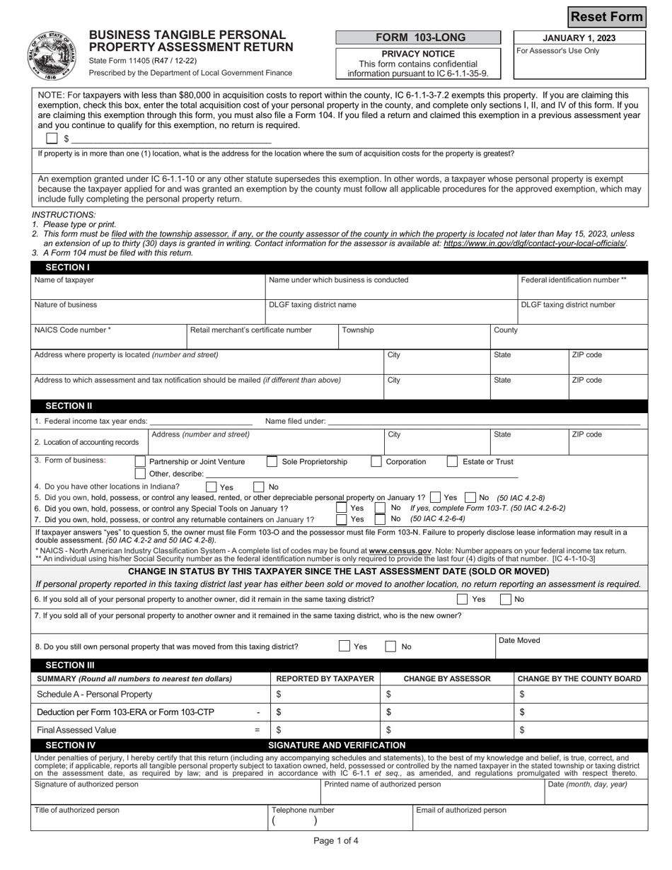State Form 11405 (103-LONG) Business Tangible Personal Property Assessment Return - Indiana, Page 1