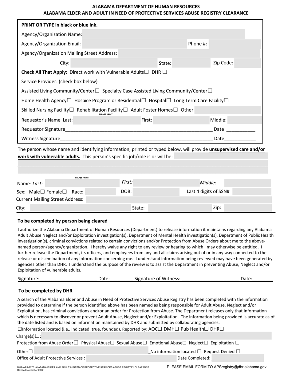 Form DHR-APS-2270 Alabama Elder and Adult in Need of Protective Services Abuse Registry Clearance - Alabama, Page 1