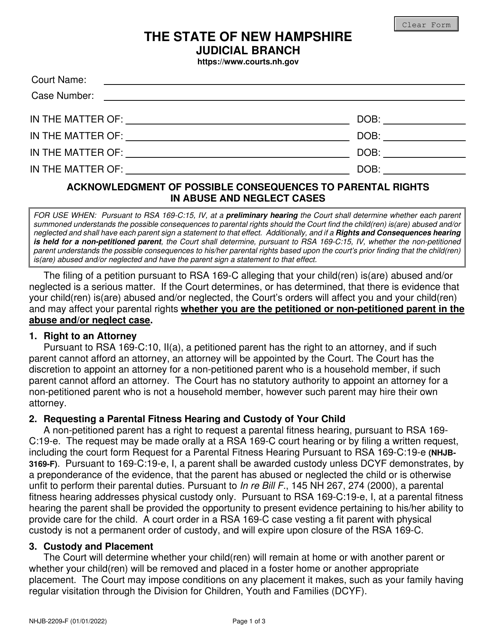 Form NHJB-2209-F Acknowledgment of Possible Consequences to Parental Rights in Abuse and Neglect Cases - New Hampshire