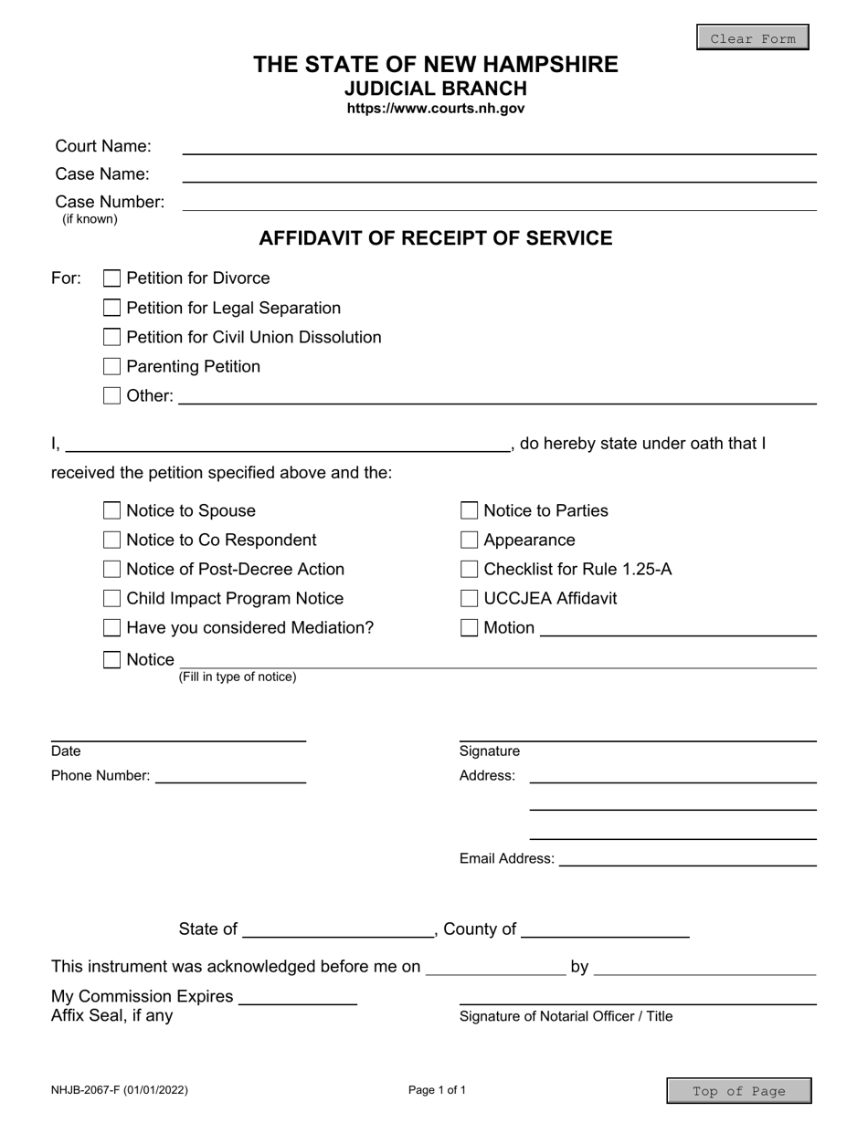 Form NHJB-2067-F Affidavit of Receipt of Service - New Hampshire, Page 1