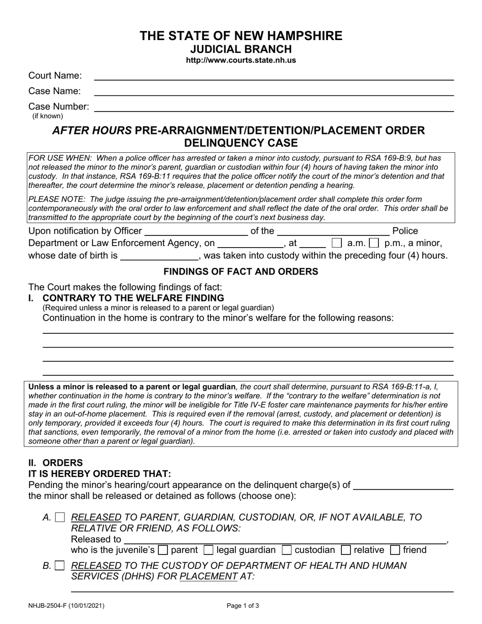 Form NHJB-2504-F After Hours Pre-arraignment/Detention/Placement Order Delinquency Case - New Hampshire, Page 1