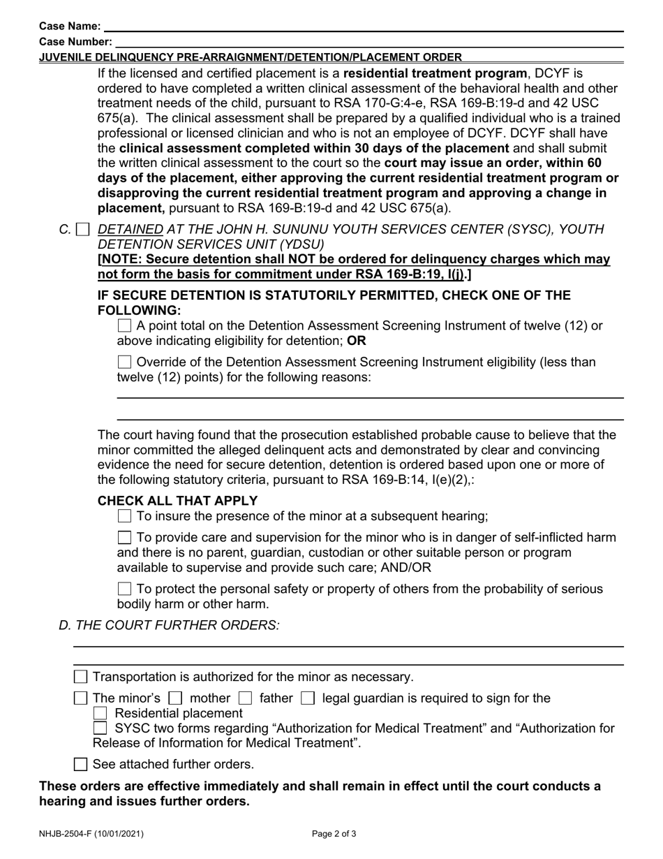 Form NHJB-2504-F After Hours Pre-arraignment / Detention / Placement Order Delinquency Case - New Hampshire, Page 2