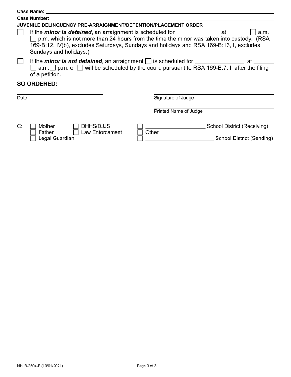 Form NHJB-2504-F After Hours Pre-arraignment / Detention / Placement Order Delinquency Case - New Hampshire, Page 3
