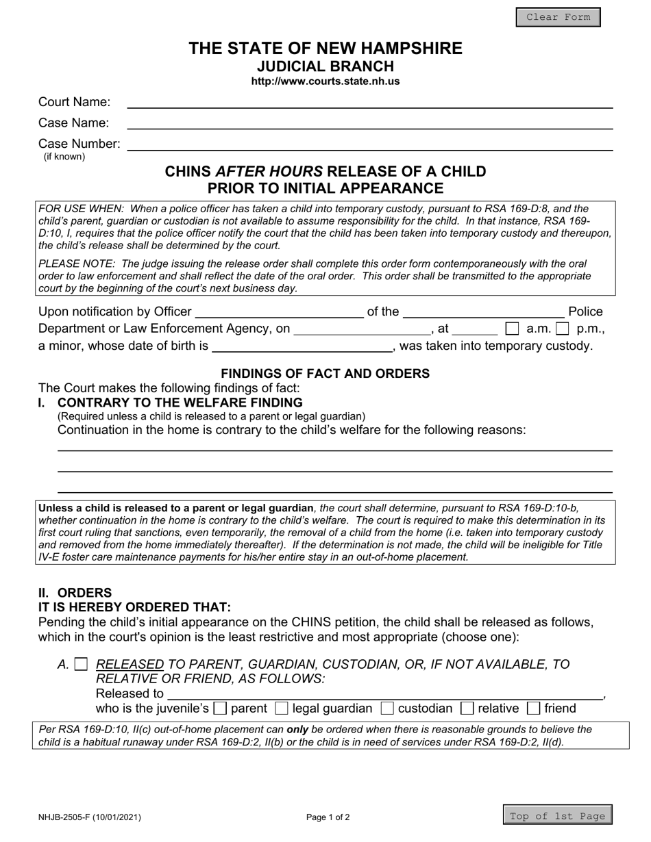 Form NHJB-2505-F Chins After Hours Release of a Child Prior to Initial Appearance - New Hampshire, Page 1