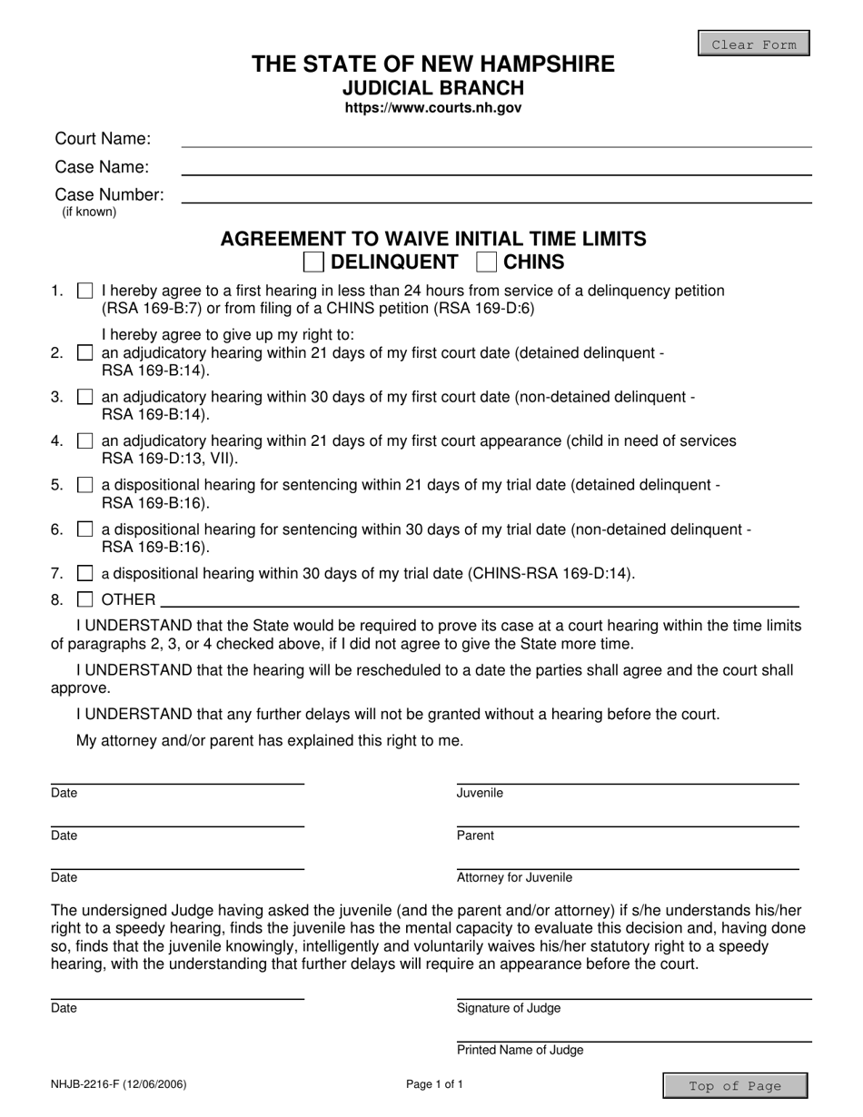 Form NHJB-2216-F Agreement to Waive Initial Time Limits Delinquent/Chins - New Hampshire, Page 1