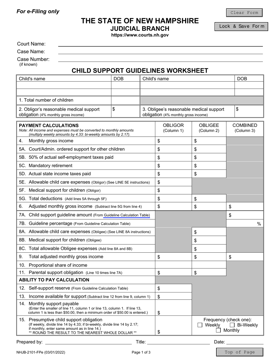 Form NHJB-2101-FPE Child Support Guidelines Worksheet (E-File Only) - New Hampshire, Page 1