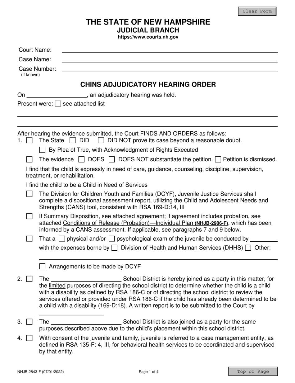 Form NHJB-2843-F Chins Adjudicatory Hearing Order - New Hampshire, Page 1