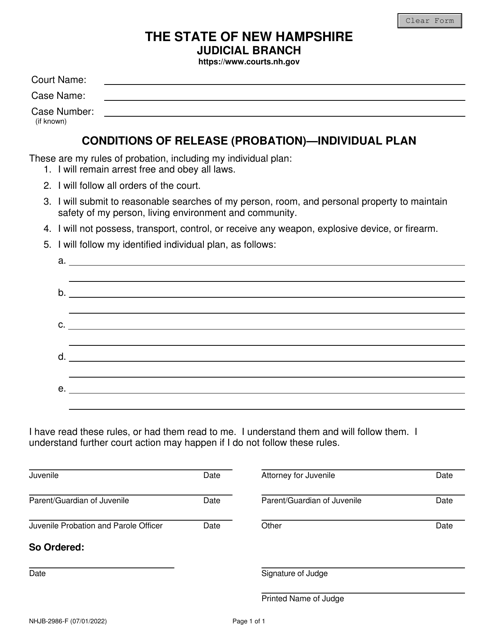 Form NHJB-2986-F Tconditions of Release (Probation) - Individual Plan - New Hampshire