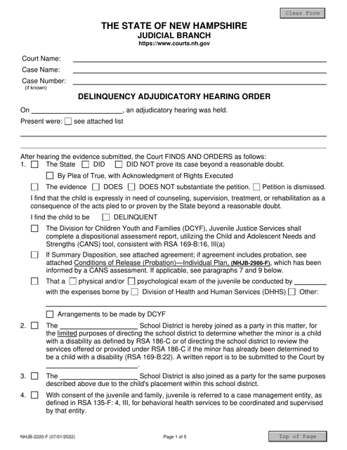 Form NHJB-2220-F Delinquency Adjudicatory Hearing Order - New Hampshire