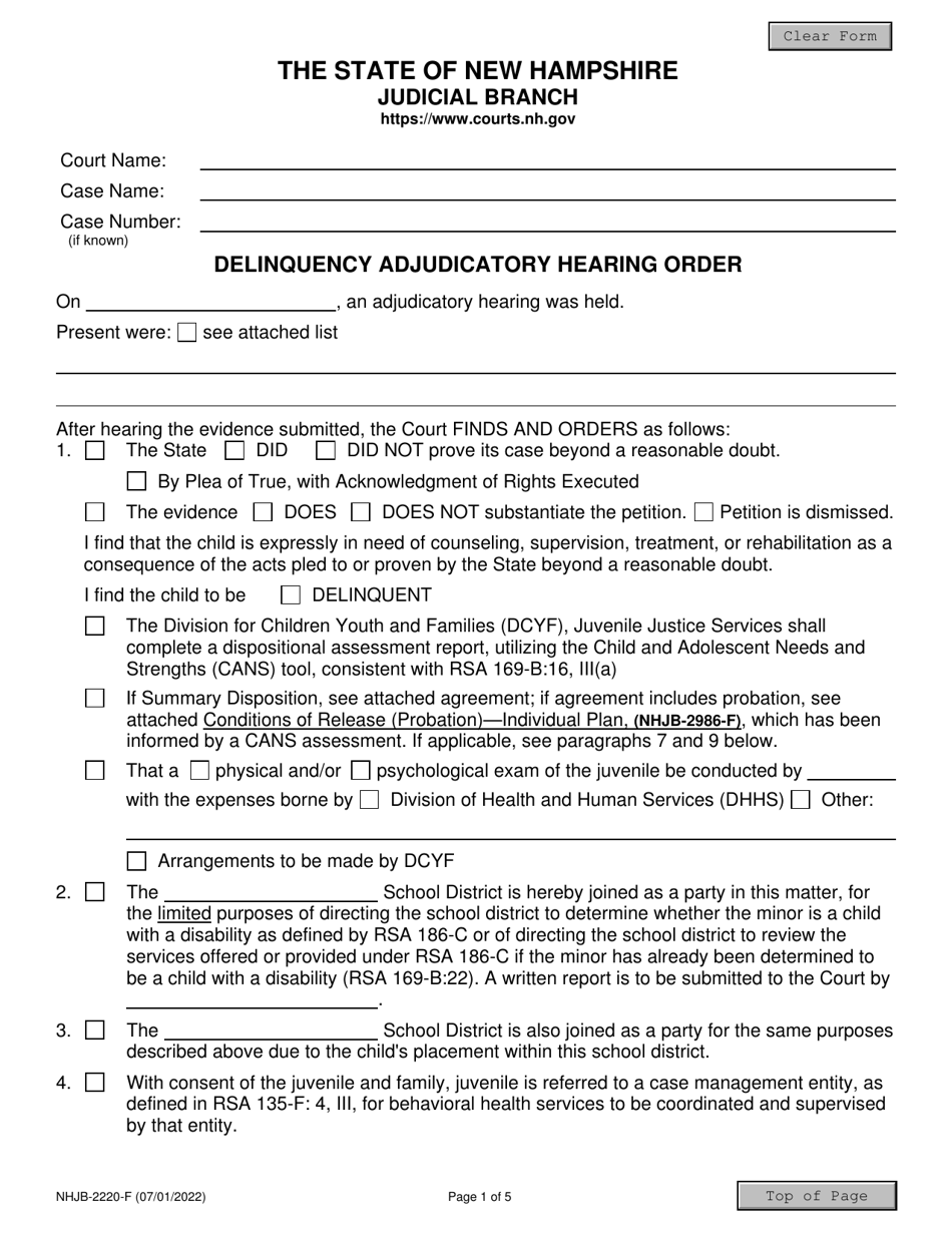 Form NHJB-2220-F Delinquency Adjudicatory Hearing Order - New Hampshire, Page 1