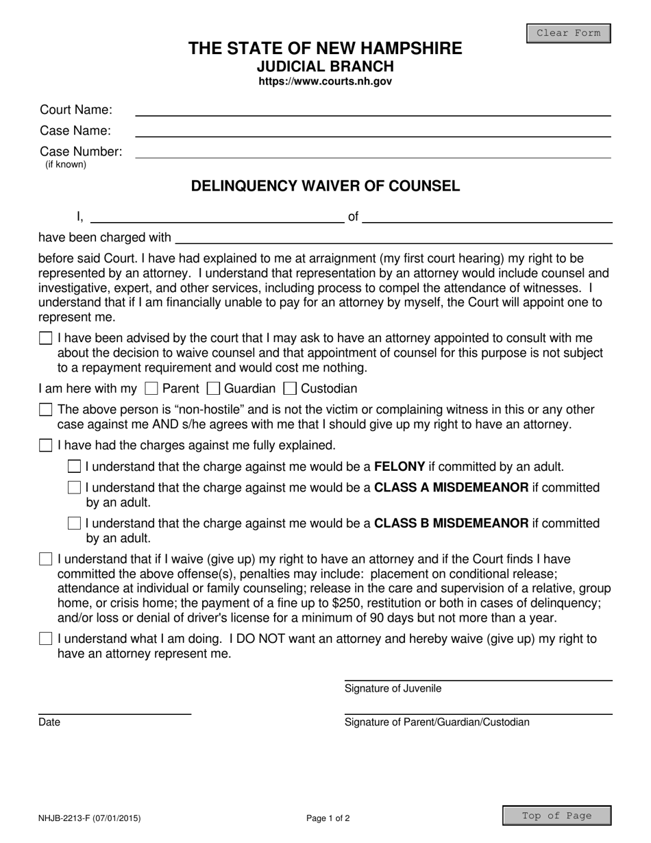 Form NHJB-2213-F Delinquency Waiver of Counsel - New Hampshire, Page 1