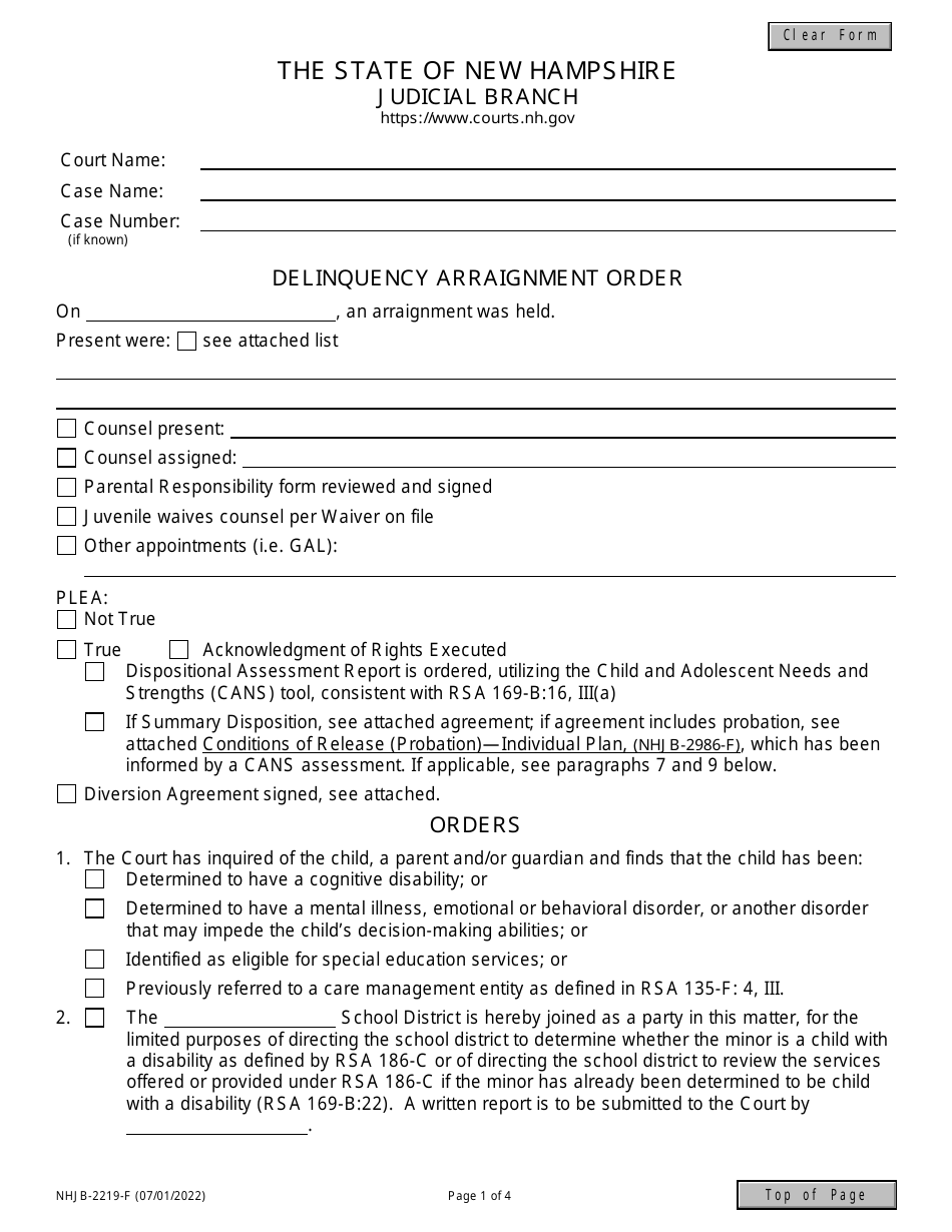 Form NHJB-2219-F Delinquency Arraignment Order - New Hampshire, Page 1