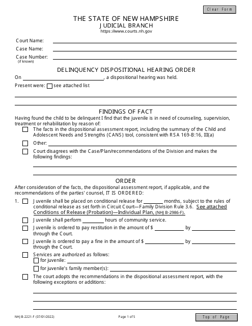 Form NHJB-2221-F Delinquency Dispositional Hearing Order - New Hampshire