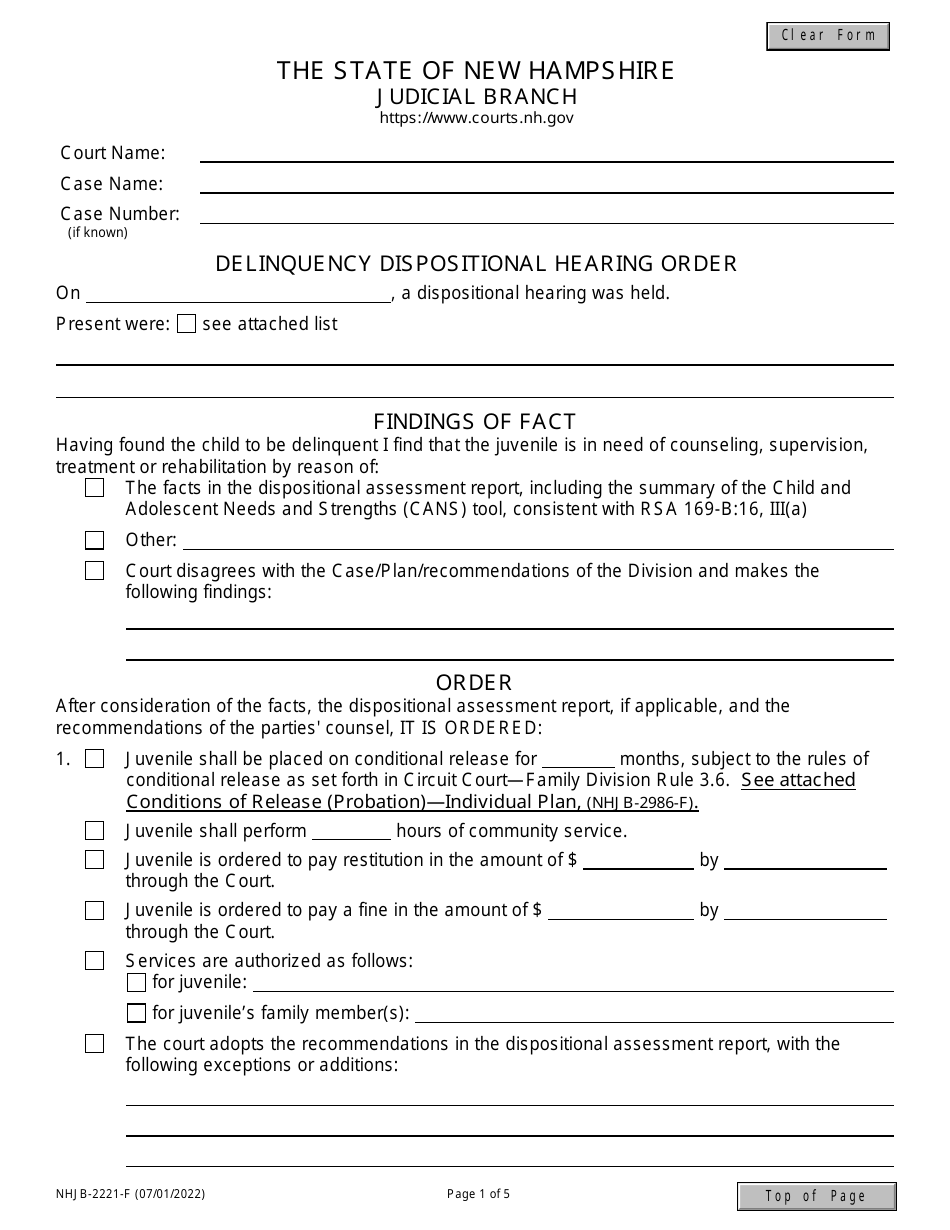 Form NHJB-2221-F Delinquency Dispositional Hearing Order - New Hampshire, Page 1