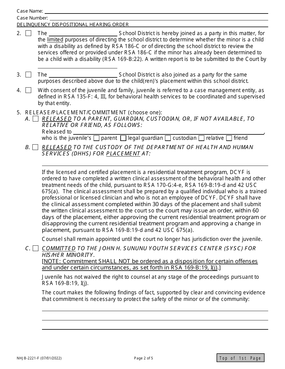 Form NHJB-2221-F Delinquency Dispositional Hearing Order - New Hampshire, Page 2