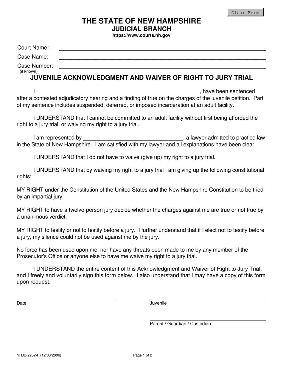 Form NHJB-2252-F Juvenile Acknowledgment and Waiver of Right to Jury Trial - New Hampshire, Page 1