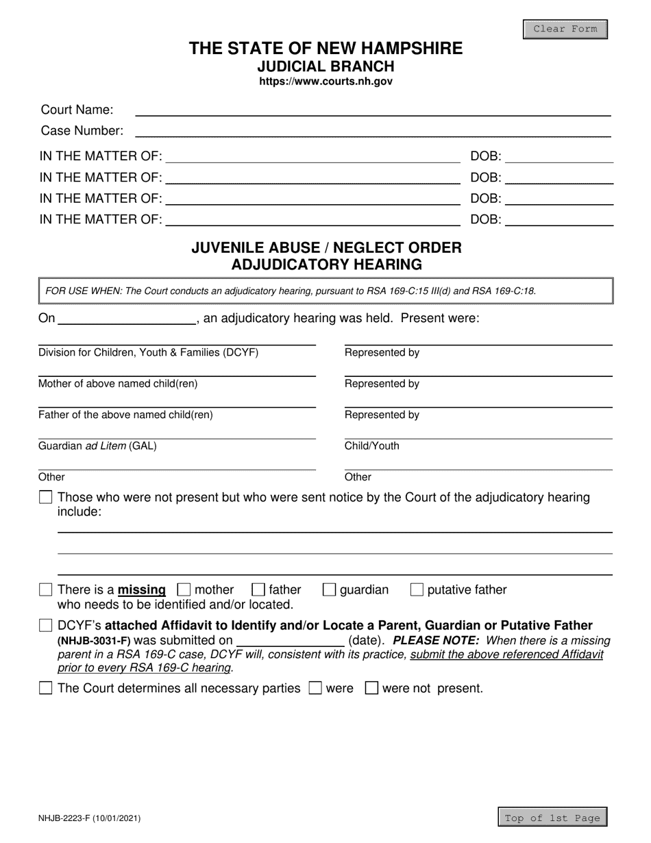 Form NHJB-2223-F Juvenile Abuse / Neglect Order Adjudicatory Hearing - New Hampshire, Page 1