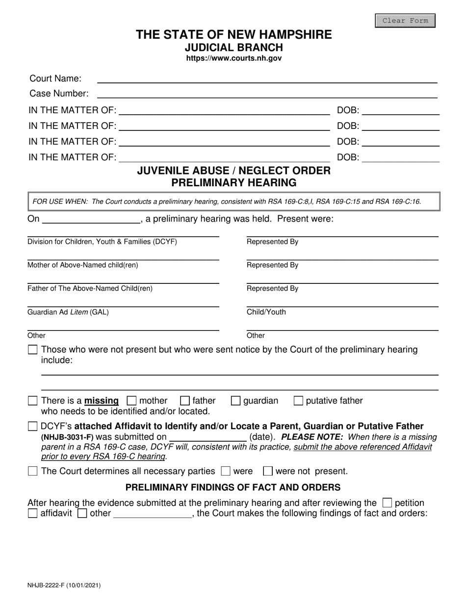 Form NHJB-2222-F Juvenile Abuse / Neglect Order Preliminary Hearing - New Hampshire, Page 1