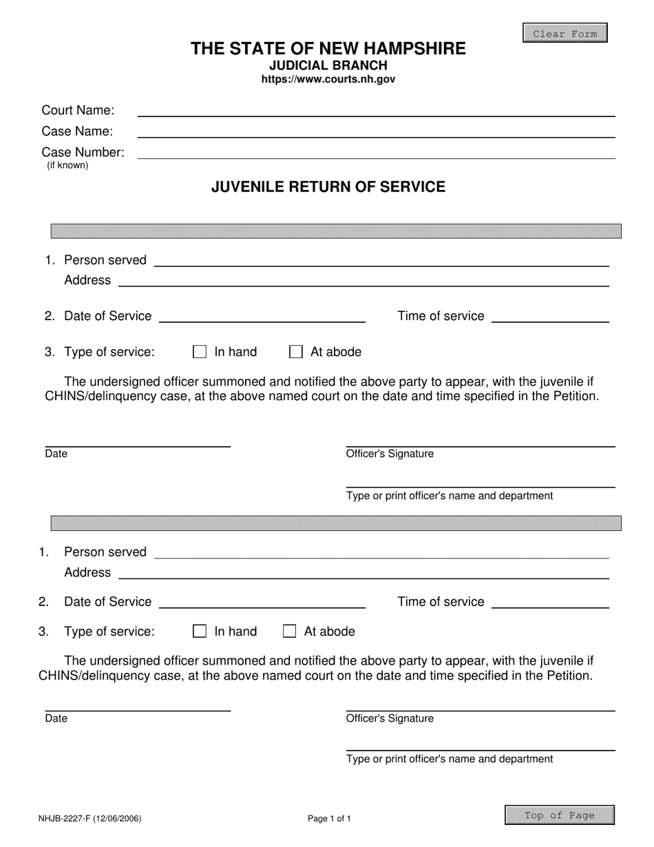 Form NHJB-2227-F Juvenile Return of Service - New Hampshire, Page 1