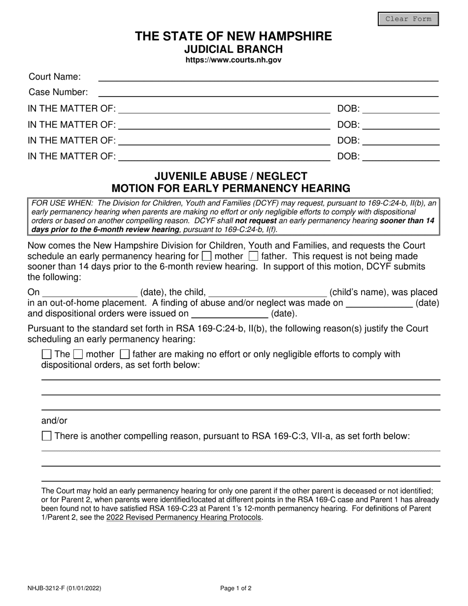 Form NHJB-3212-F Juvenile Abuse / Neglect Motion for Early Permanency Hearing - New Hampshire, Page 1
