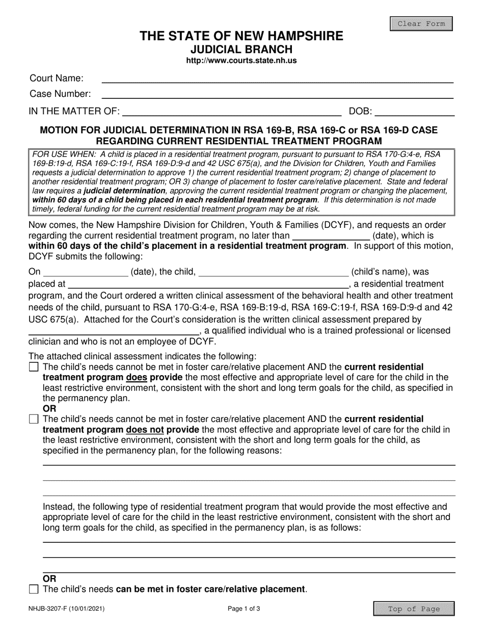 Form NHJB-3207-F Motion for Judicial Determination in Rsa 169-b, Rsa 169-c or Rsa 169-d Case Regarding Current Residential Treatment Program - New Hampshire, Page 1