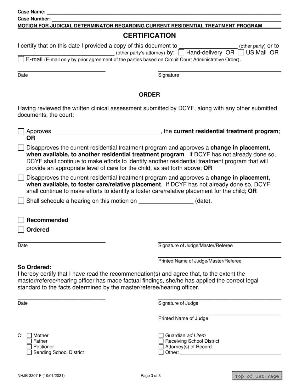 Form NHJB-3207-F Motion for Judicial Determination in Rsa 169-b, Rsa 169-c or Rsa 169-d Case Regarding Current Residential Treatment Program - New Hampshire, Page 3