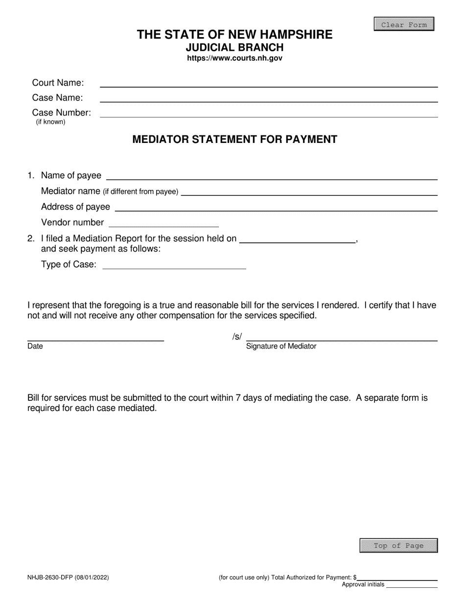 Form NHJB-2630-DFP Mediator Statement for Payment - New Hampshire, Page 1
