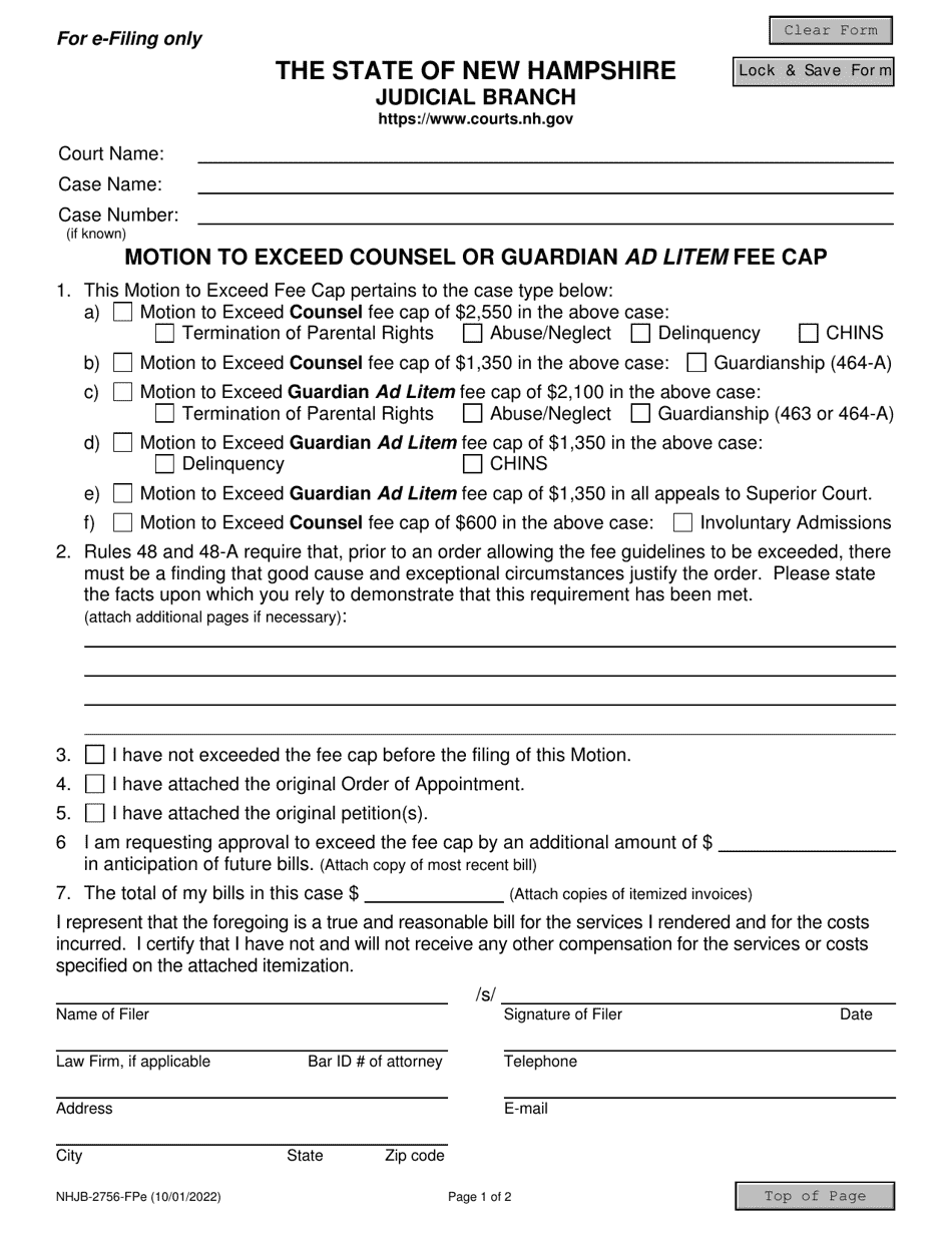 Form NHJB-2756-FPE Motion to Exceed Counsel or Guardian Ad Litem Fee CAP (E-File Only) - New Hampshire, Page 1