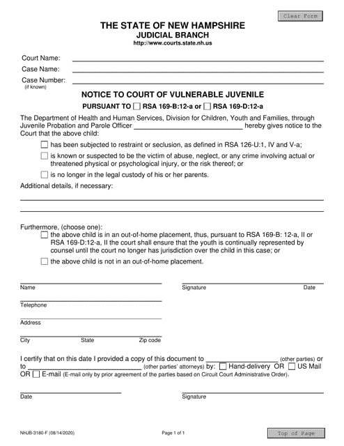Form NHJB-3180-F Notice to Court of Vulnerable Juvenile - New Hampshire