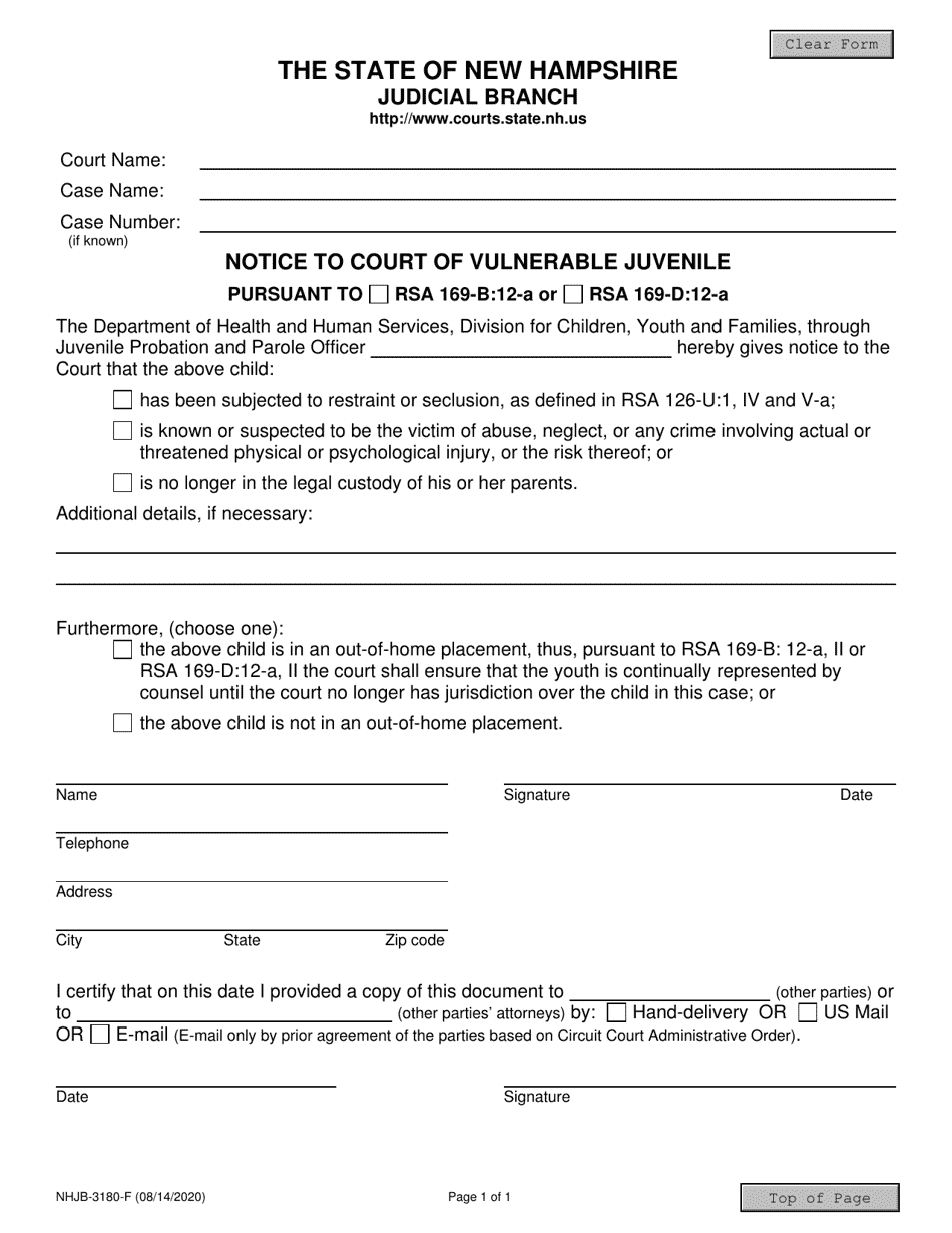 Form NHJB-3180-F Notice to Court of Vulnerable Juvenile - New Hampshire, Page 1