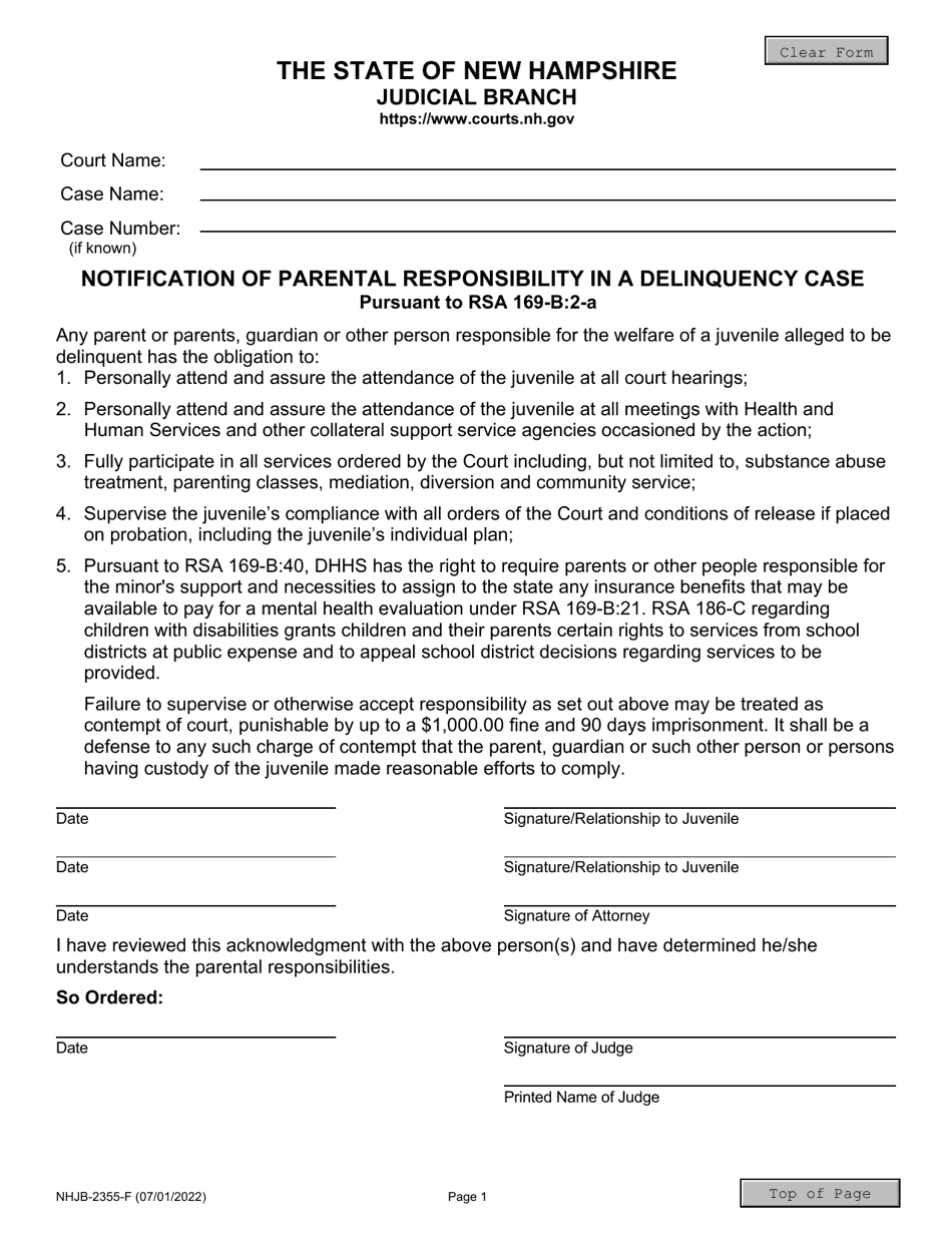 Form NHJB-2355-F Notification of Parental Responsibility in a Delinquency Case - New Hampshire, Page 1