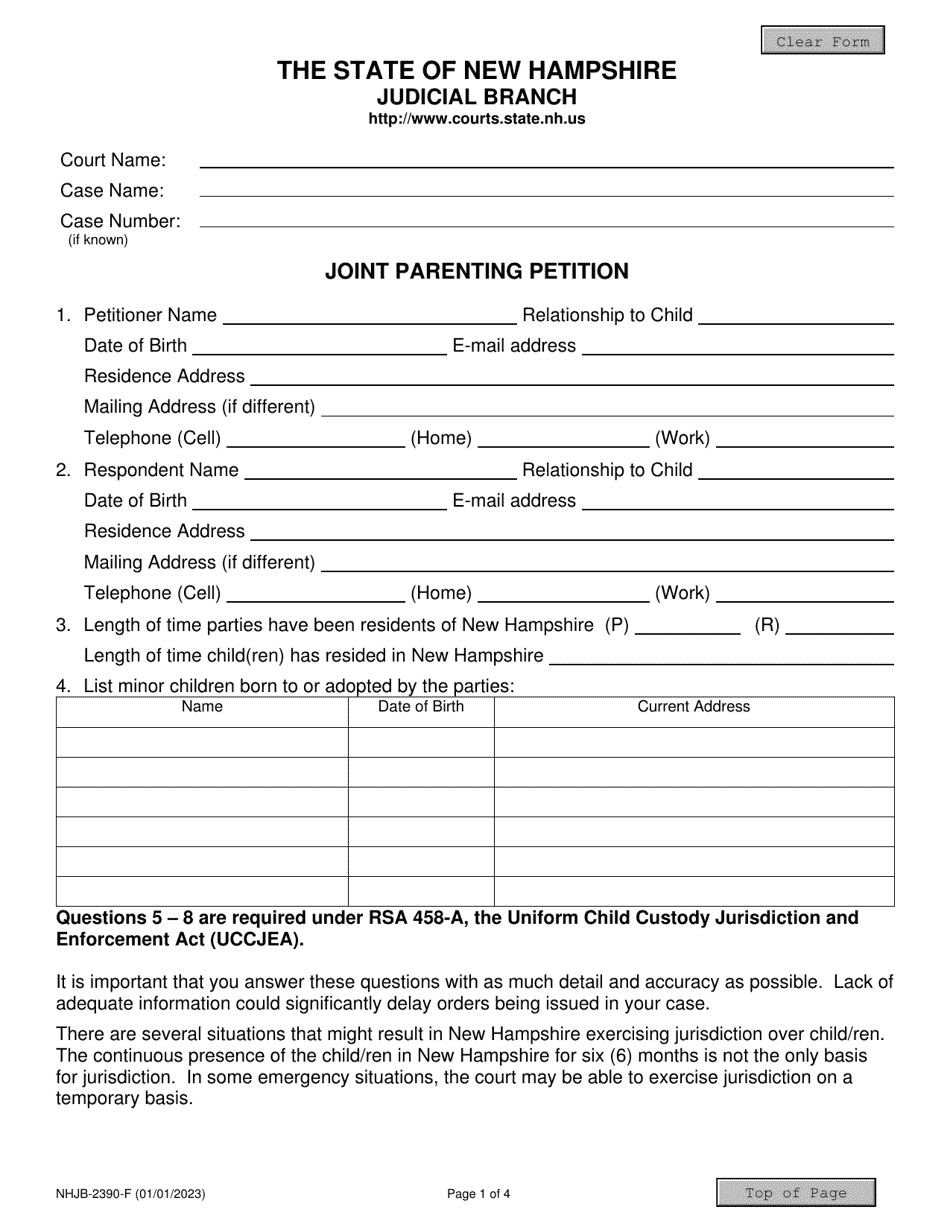 Form NHJB-2390-F Joint Parenting Petition - New Hampshire, Page 1