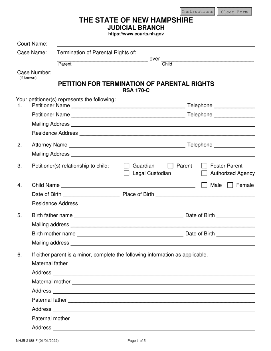 Form NHJB-2188-F Petition for Termination of Parental Rights - New Hampshire, Page 1