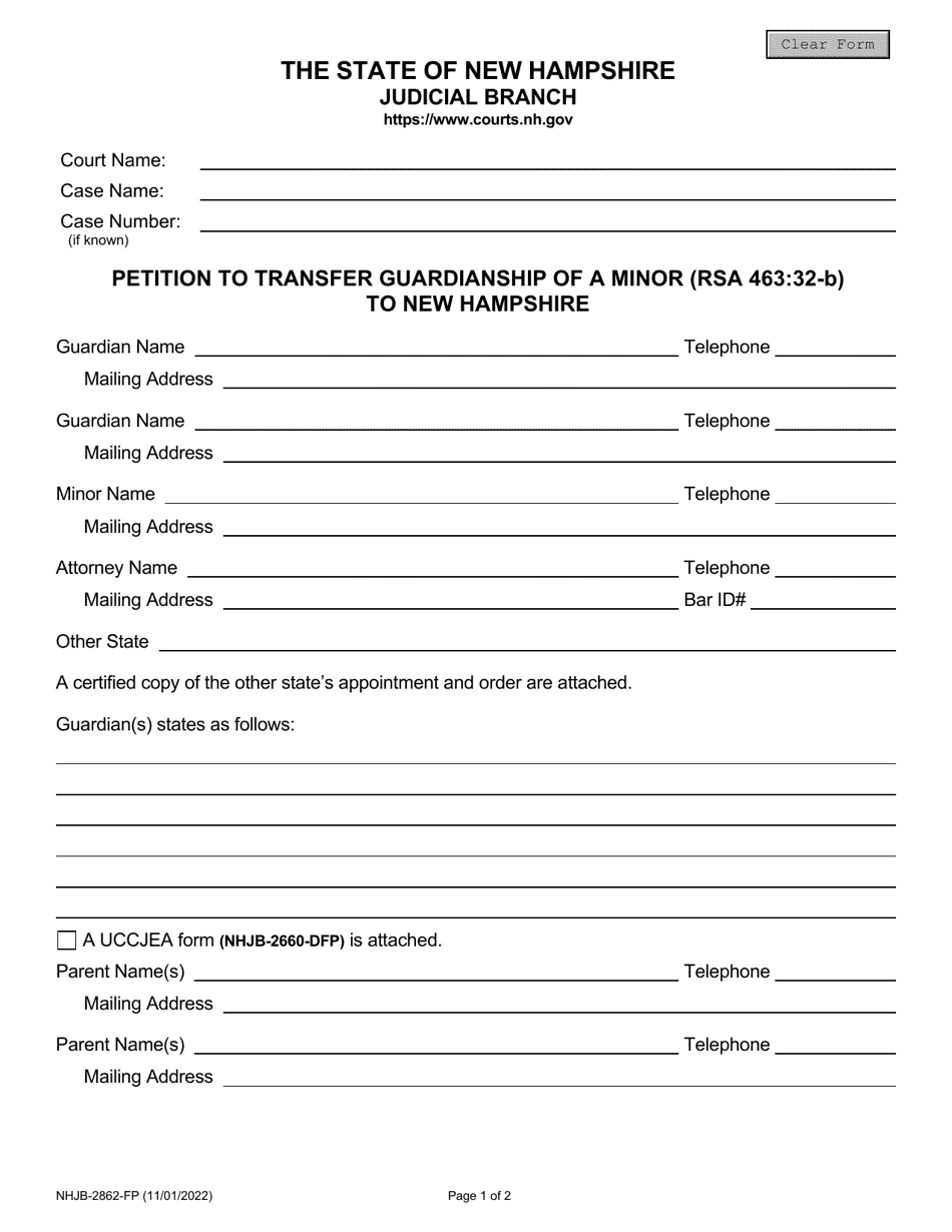Form NHJB-2862-FP Petition to Transfer Guardianship of a Minor (Rsa 463:32-b) to New Hampshire - New Hampshire, Page 1