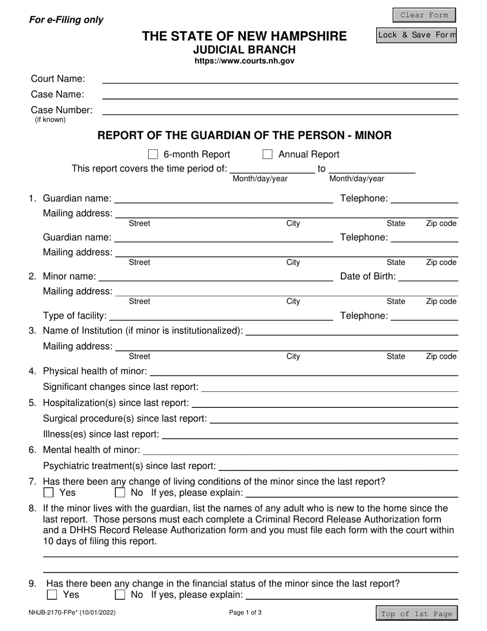 Form NHJB-2170-FPE Report of the Guardian of the Person - Minor (E-File Only) - New Hampshire, Page 1