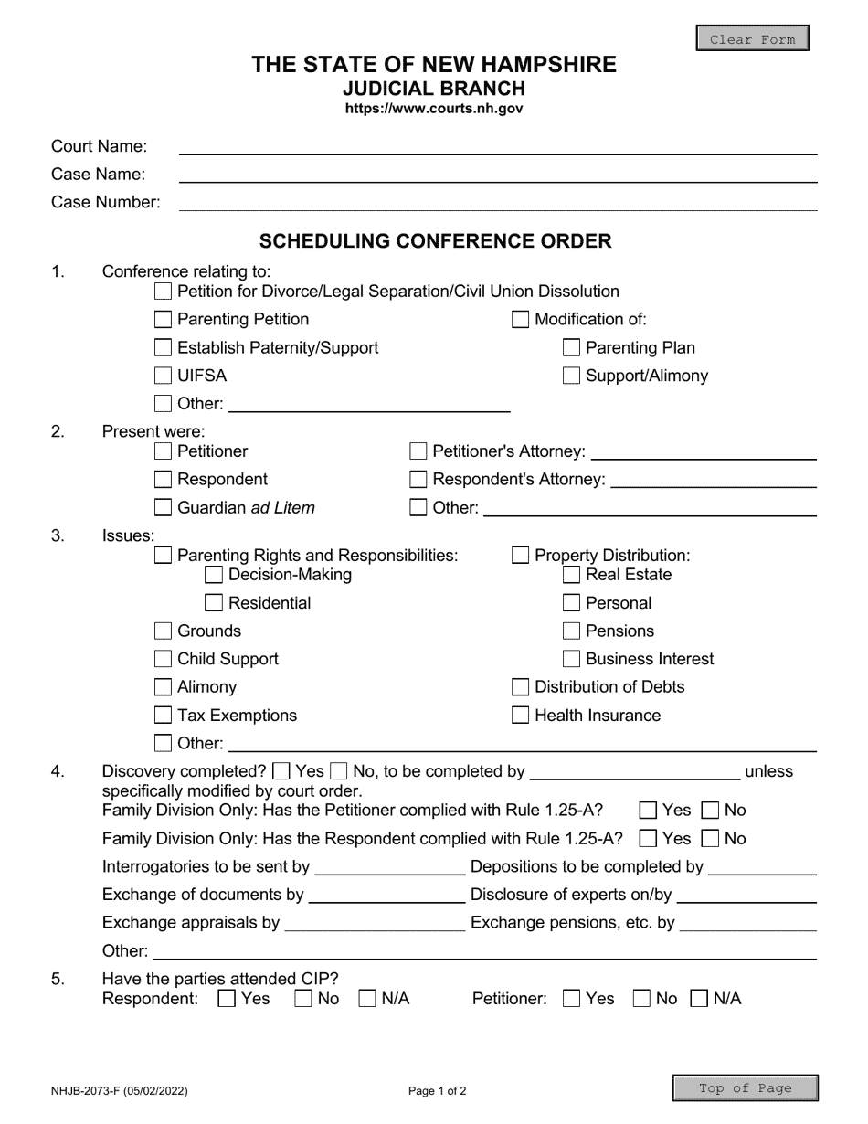 Form NHJB-2073-F Scheduling Conference Order - New Hampshire, Page 1