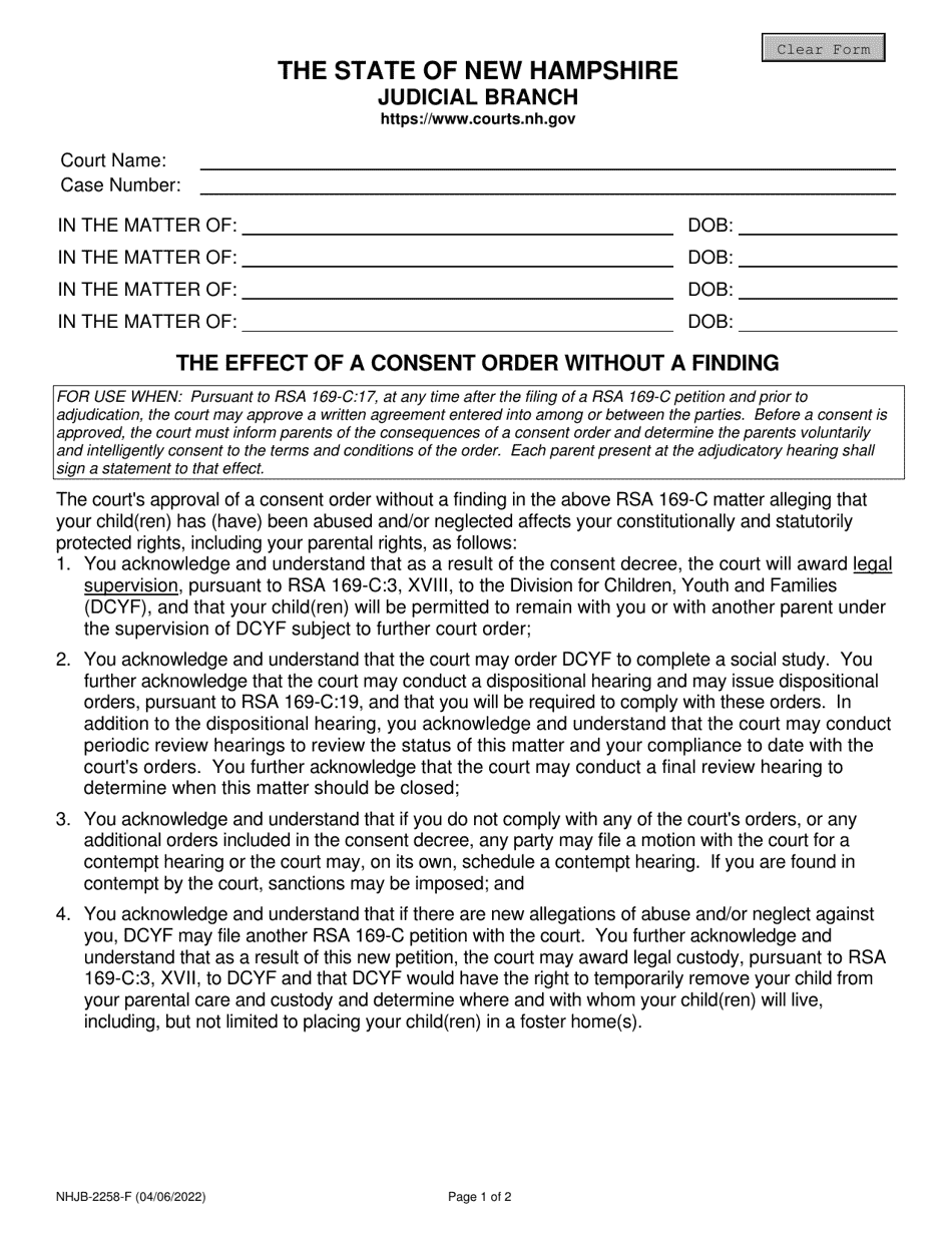 Form NHJB-2258-F The Effect of a Consent Order Without a Finding - New Hampshire, Page 1