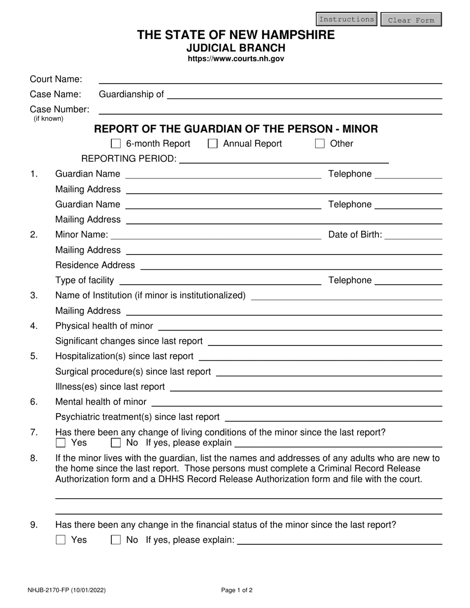 Form NHJB-2170-FP Report of the Guardian of the Person - Minor - New Hampshire, Page 1
