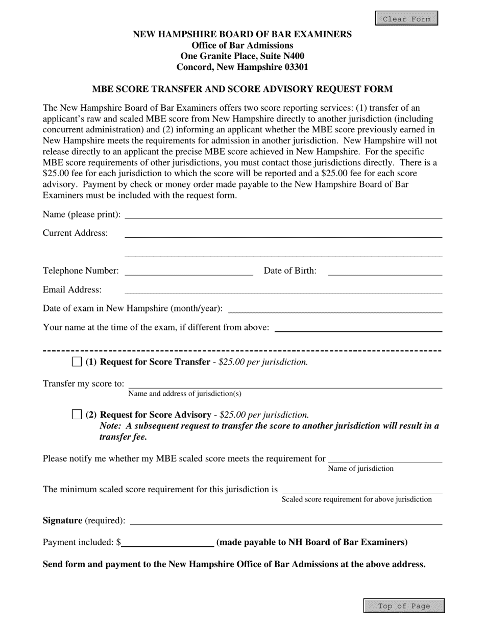 Mbe Score Transfer and Score Advisory Request Form - New Hampshire, Page 1