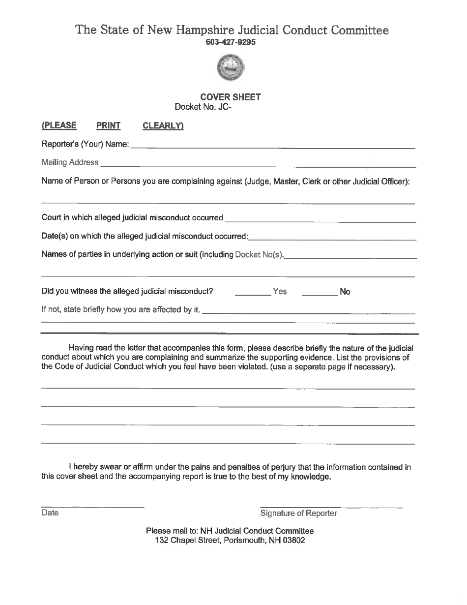New Hampshire Report of Alleged Judicial Misconduct Cover Sheet - Fill ...