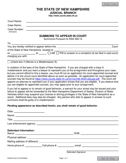 Form NHJB-3130-D Summons to Appear in Court - New Hampshire