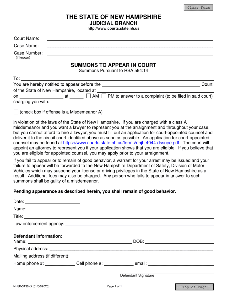 Form NHJB-3130-D Summons to Appear in Court - New Hampshire, Page 1