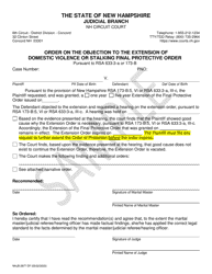Document preview: Form NHJB-2977-DF Order on the Objection to the Extension of Domestic Violence or Stalking Final Protective Order - Sample - New Hampshire
