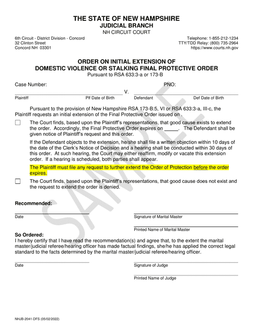 Form NHJB-2041-DFS Order of Initial Extension of Domestic Violence or Stalking Final Protective Order - Sample - New Hampshire