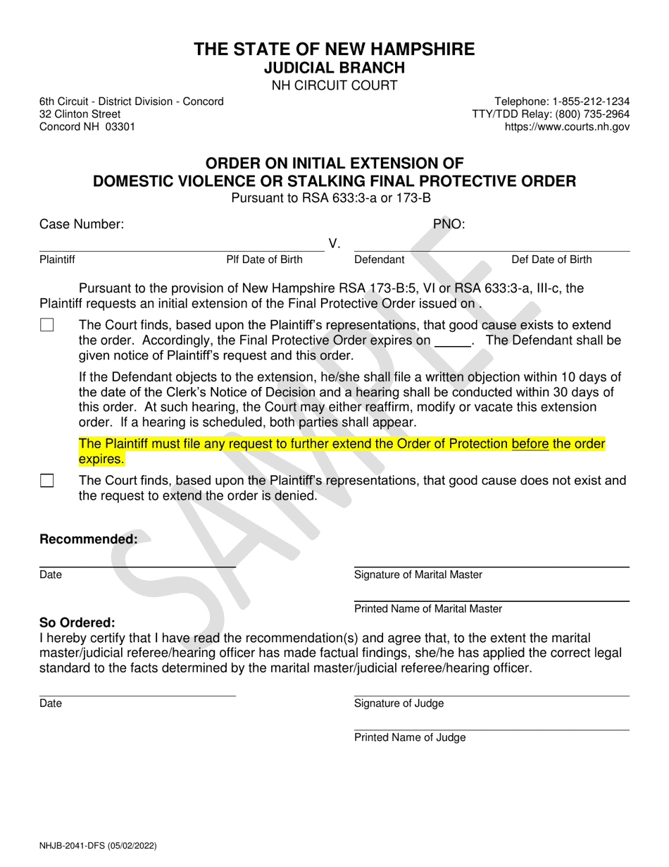 Form NHJB-2041-DFS Order of Initial Extension of Domestic Violence or Stalking Final Protective Order - Sample - New Hampshire, Page 1